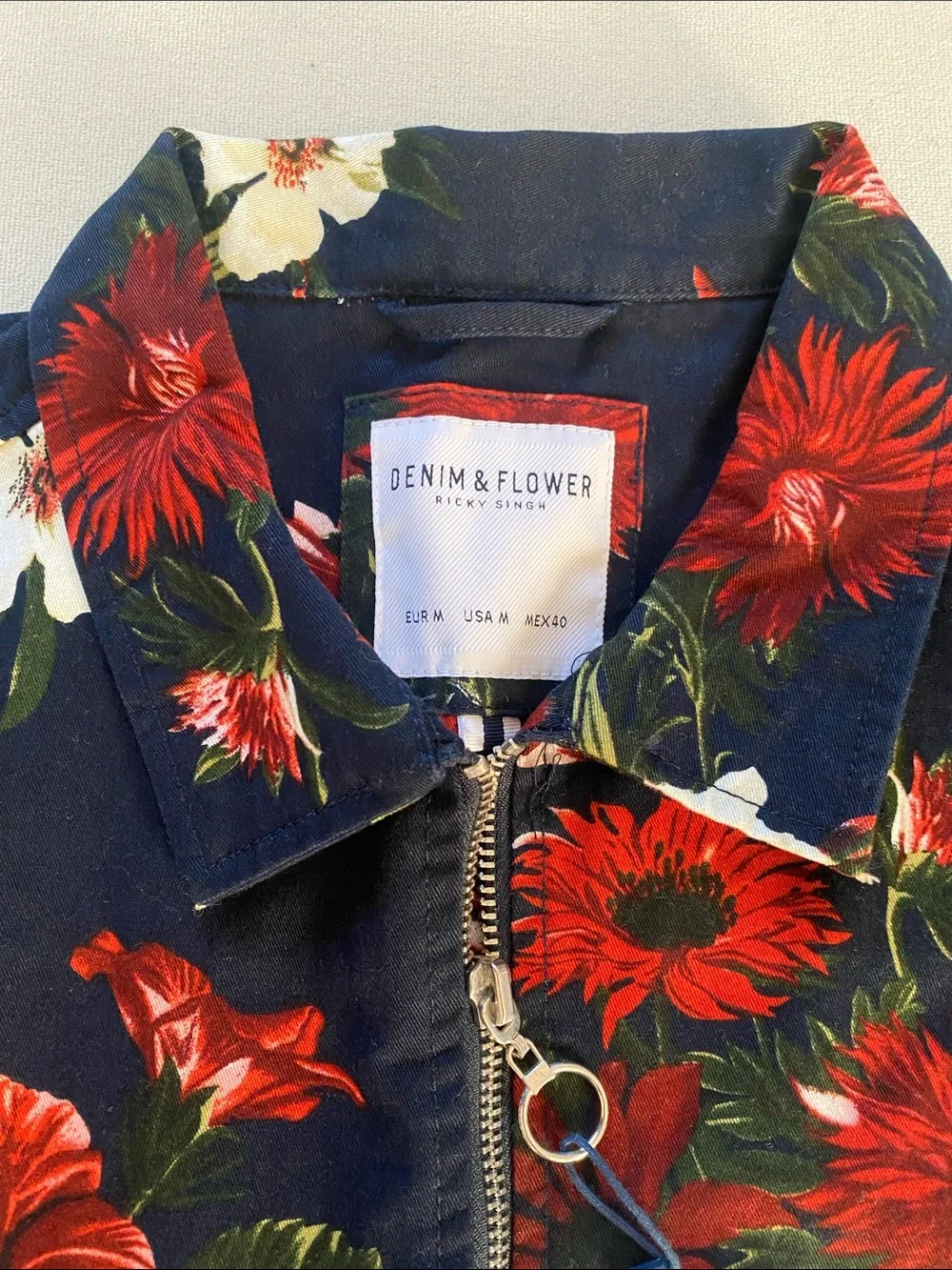 Denim & Flower Navy Floral Zip-Up Utility Jacket with Red & White Blooms